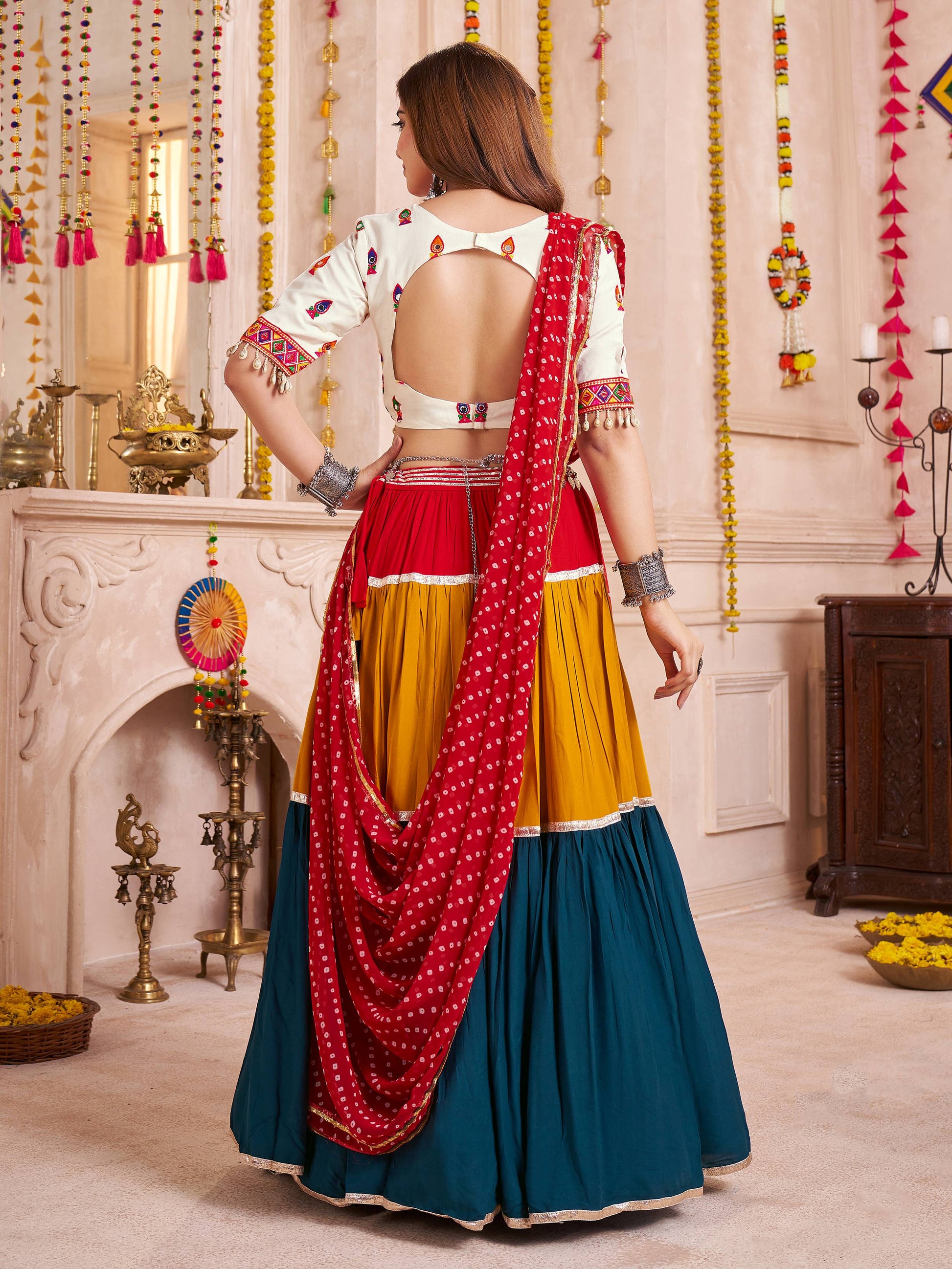 Stunning Multi-Color Cotton Lace Work Festive Wear Lehenga Choli With Dupatta