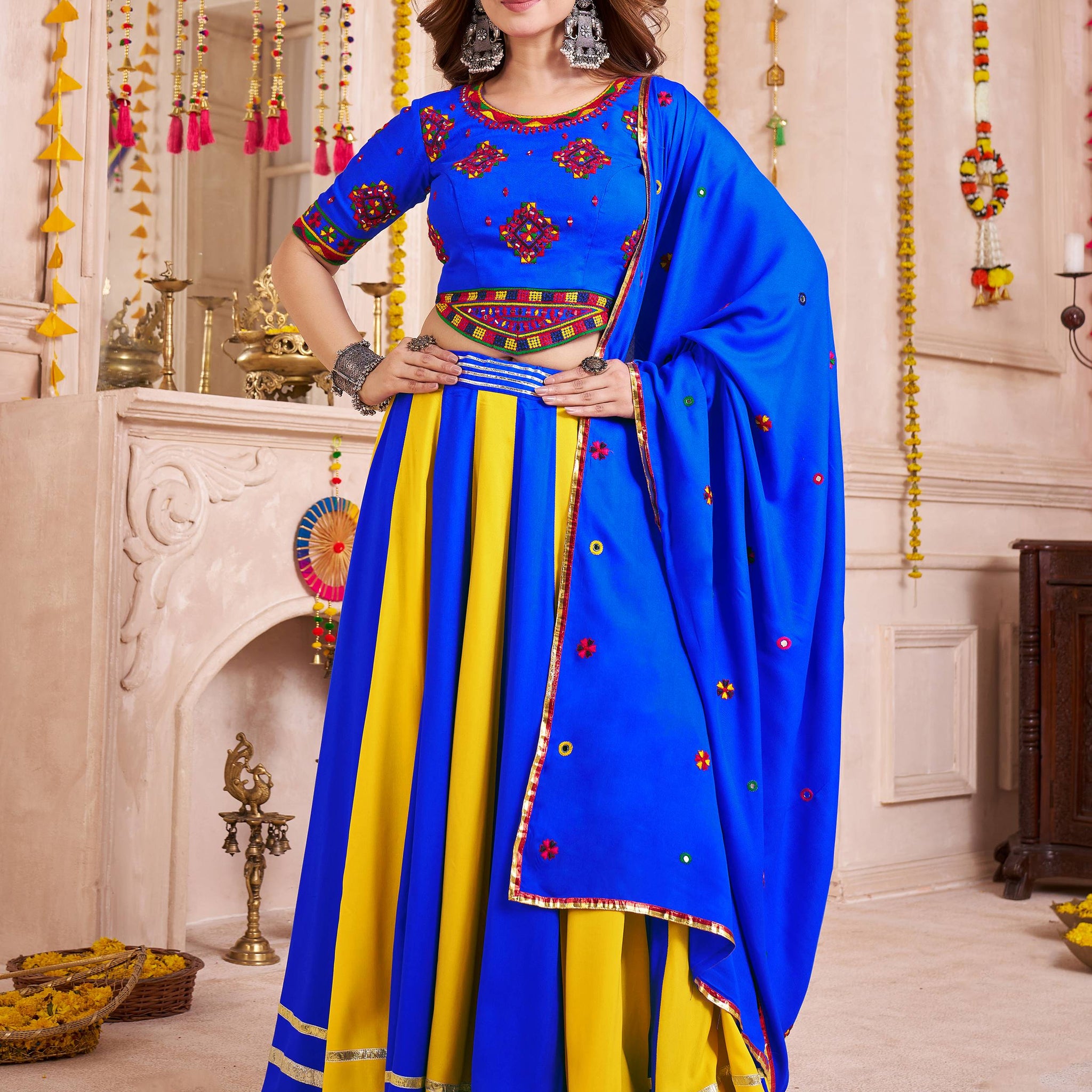 Classy Blue Cotton Traditional Lehenga With Multi Thread Work Choli