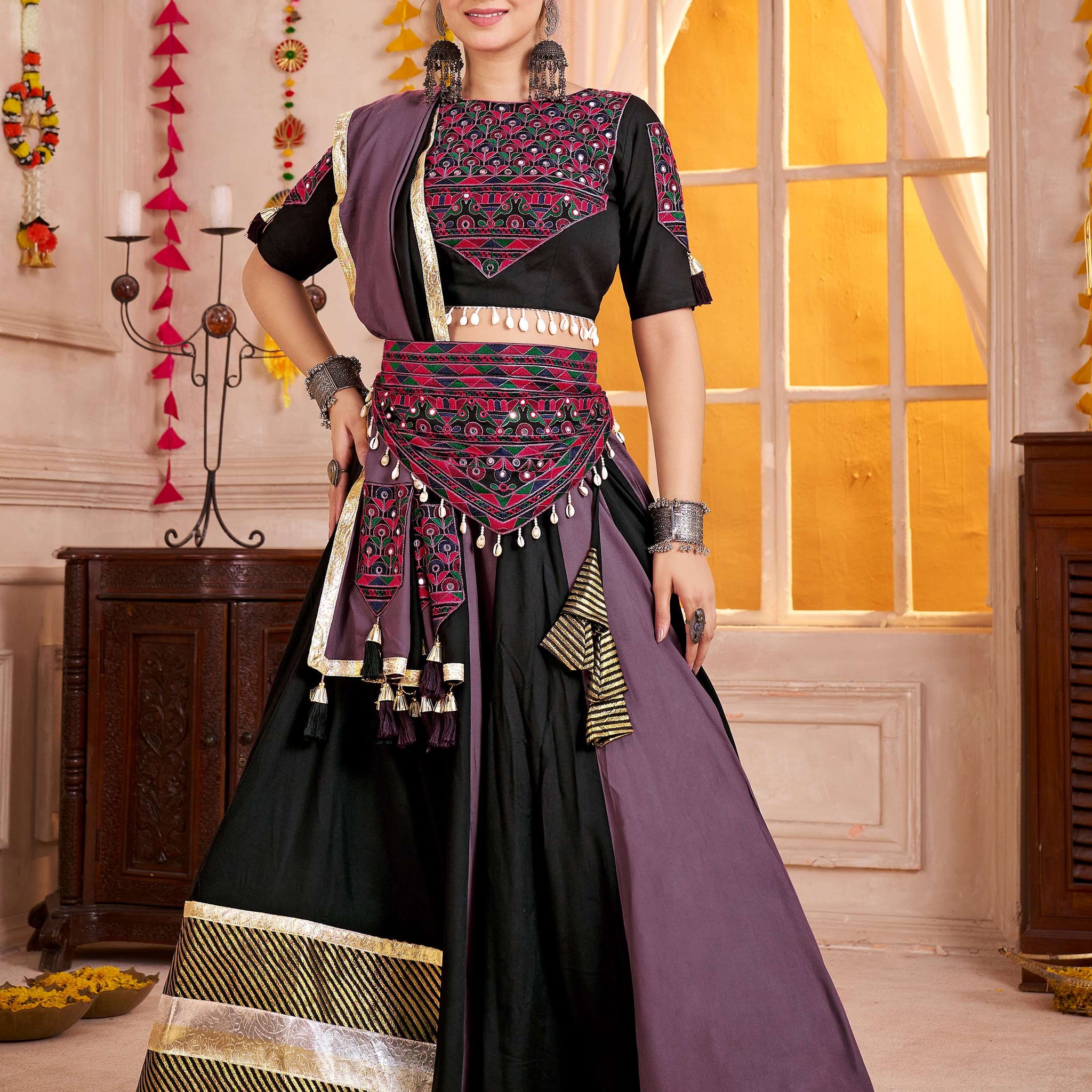 Precious Black Cotton Navratri Wear Lehenga With Kutchi Patch Work Choli
