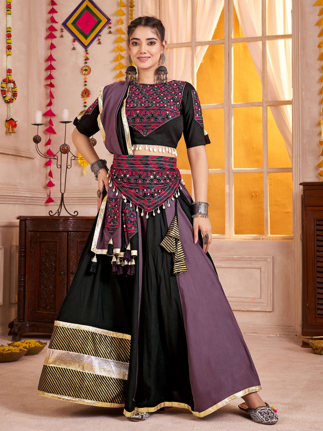 Precious Black Cotton Navratri Wear Lehenga With Kutchi Patch Work Choli