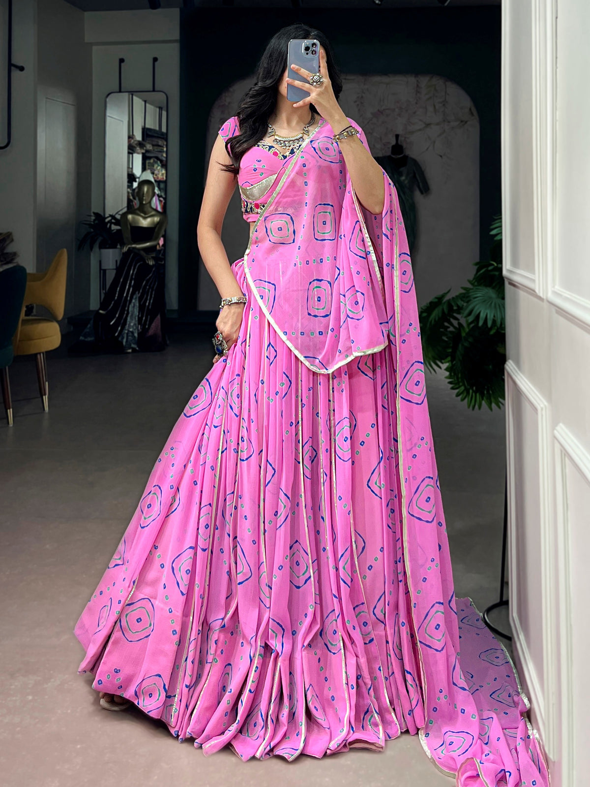 Charming Pink Bandhej Print Georgette Navratri Wear Lehenga Choli
