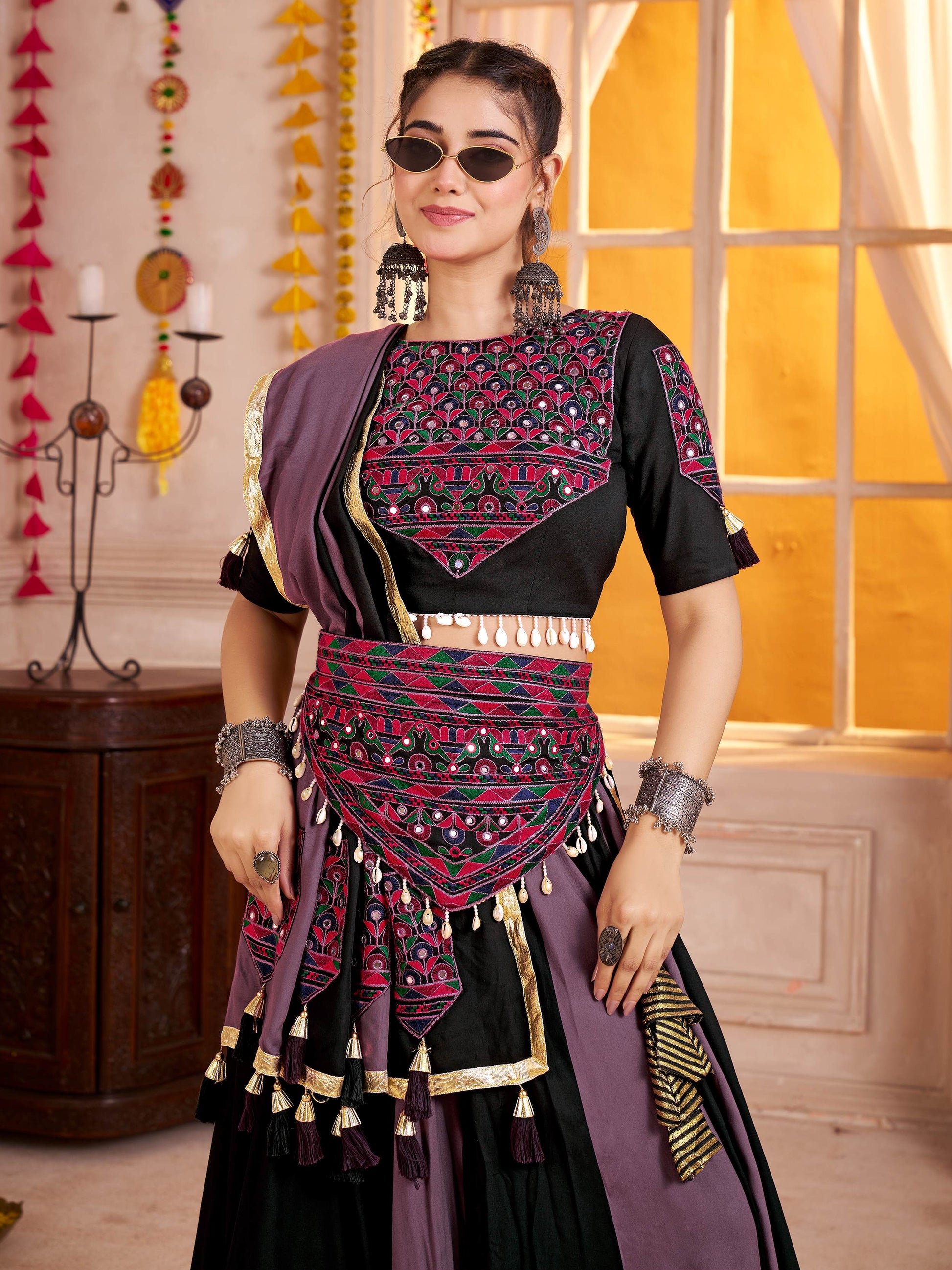 Precious Black Cotton Navratri Wear Lehenga With Kutchi Patch Work Choli