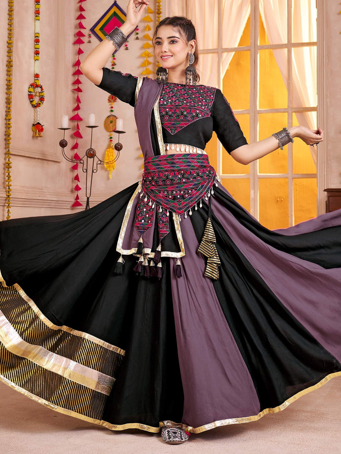 Precious Black Cotton Navratri Wear Lehenga With Kutchi Patch Work Choli