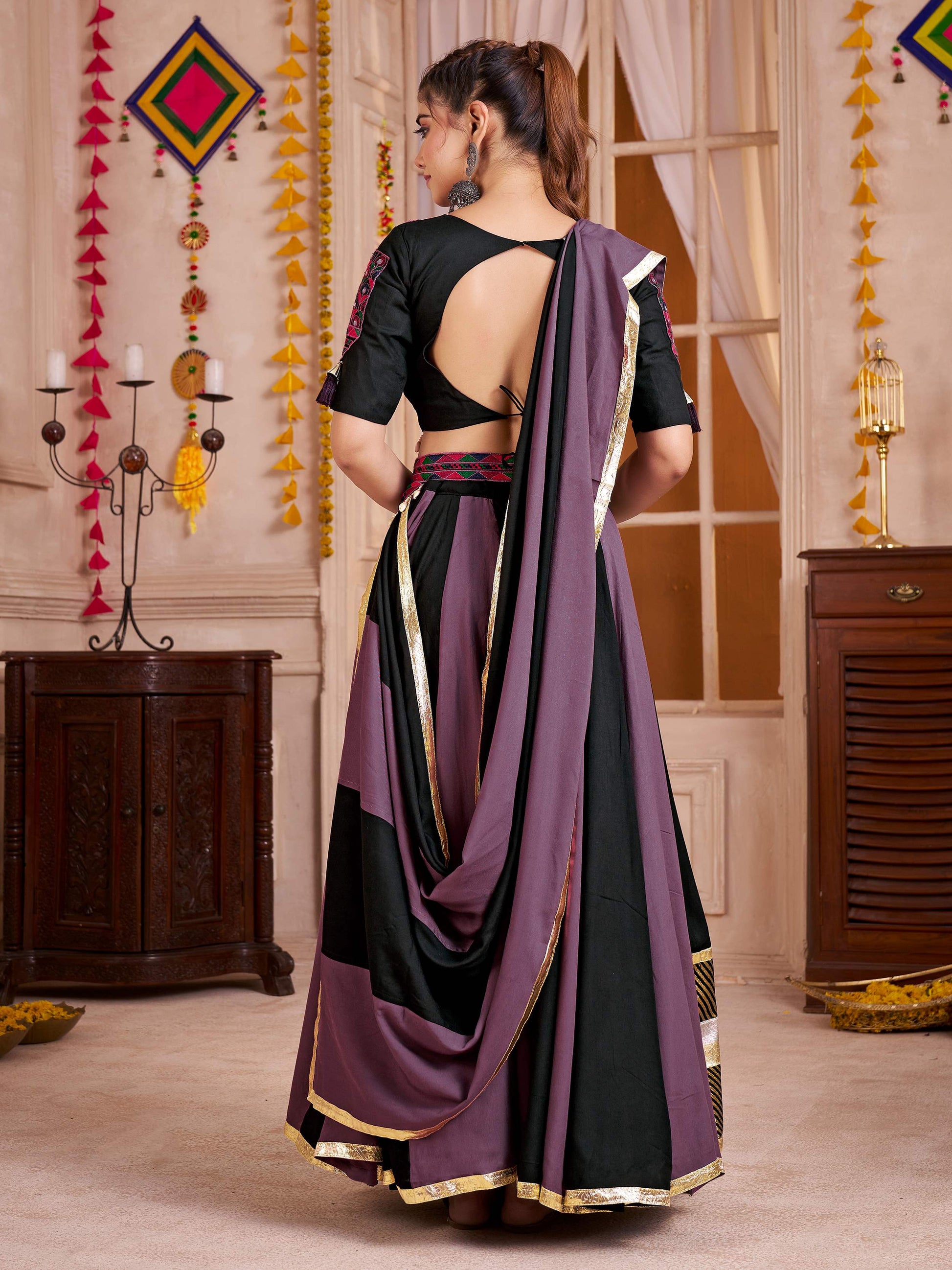 Precious Black Cotton Navratri Wear Lehenga With Kutchi Patch Work Choli