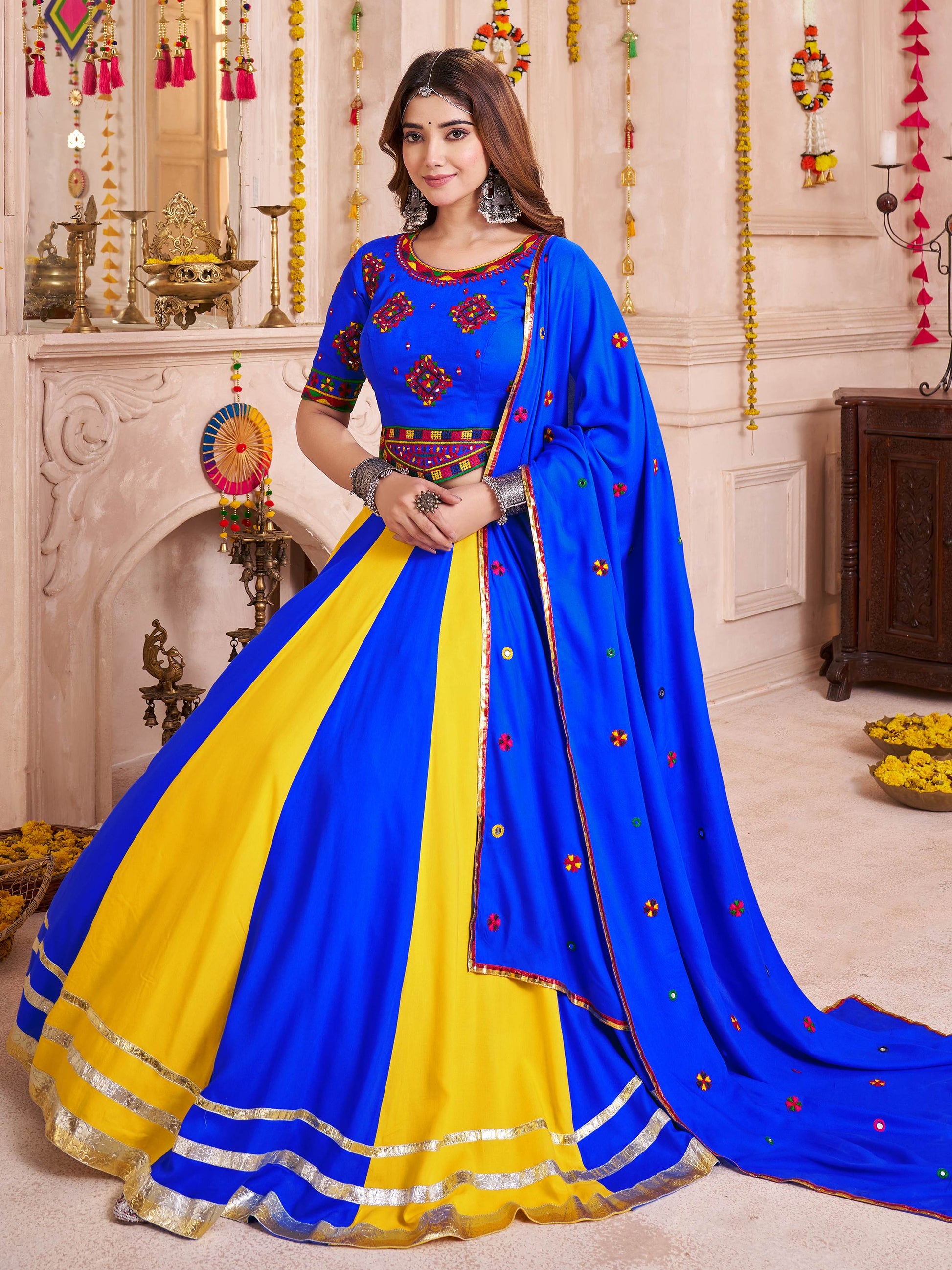 Classy Blue Cotton Traditional Lehenga With Multi Thread Work Choli