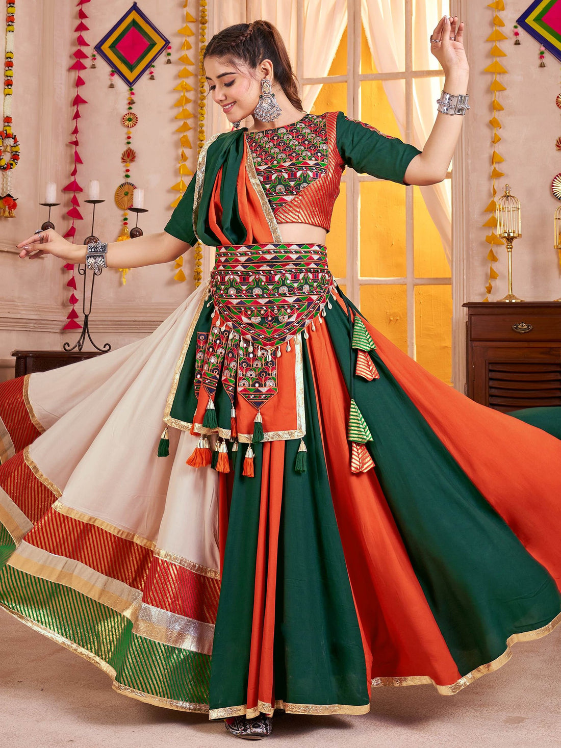 Super Multi-Color Cotton Navratri Special Lehenga With Kutchi Patch Work Blouse