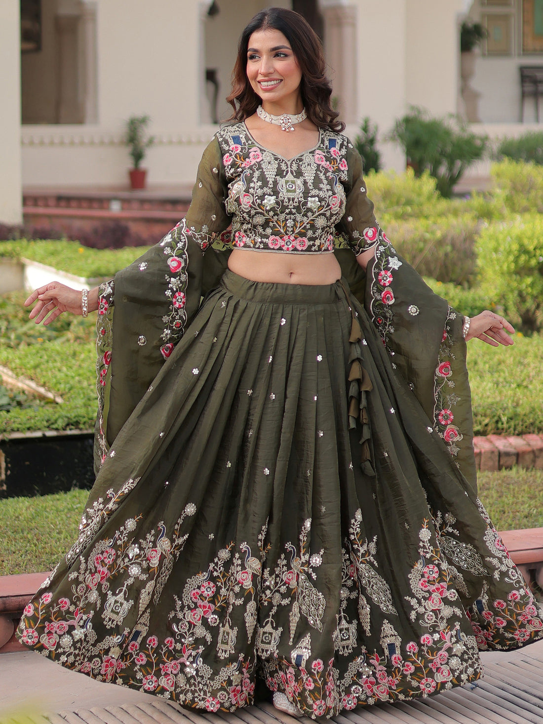 Attractive Olive Green Sequins Crushed Mehendi Wear Lehenga Choli