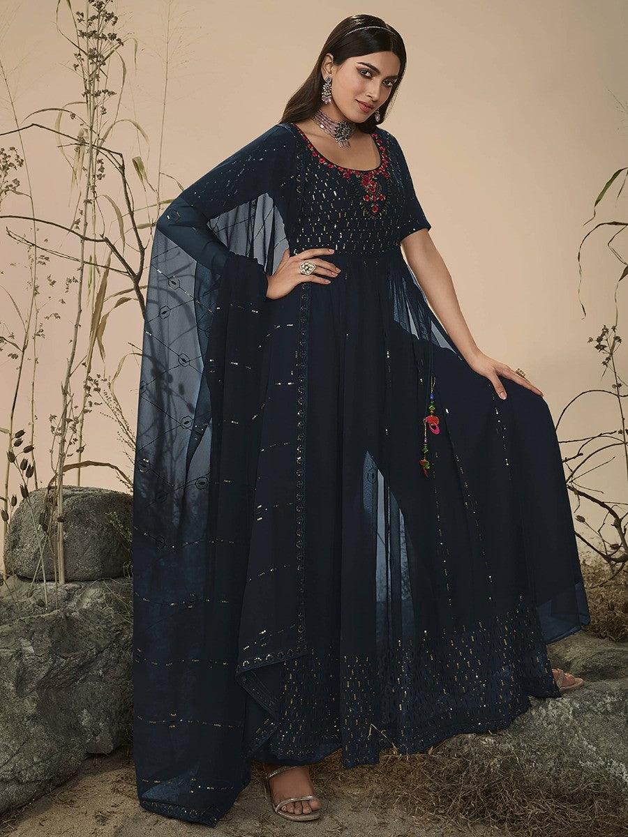 Lovely Teal Blue Sequins Georgette Ready-Made Palazzo Suit