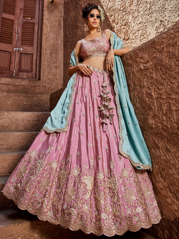 Elegant Pink Embroidered Silk Wedding Wear Lehenga Choli With Dupatta