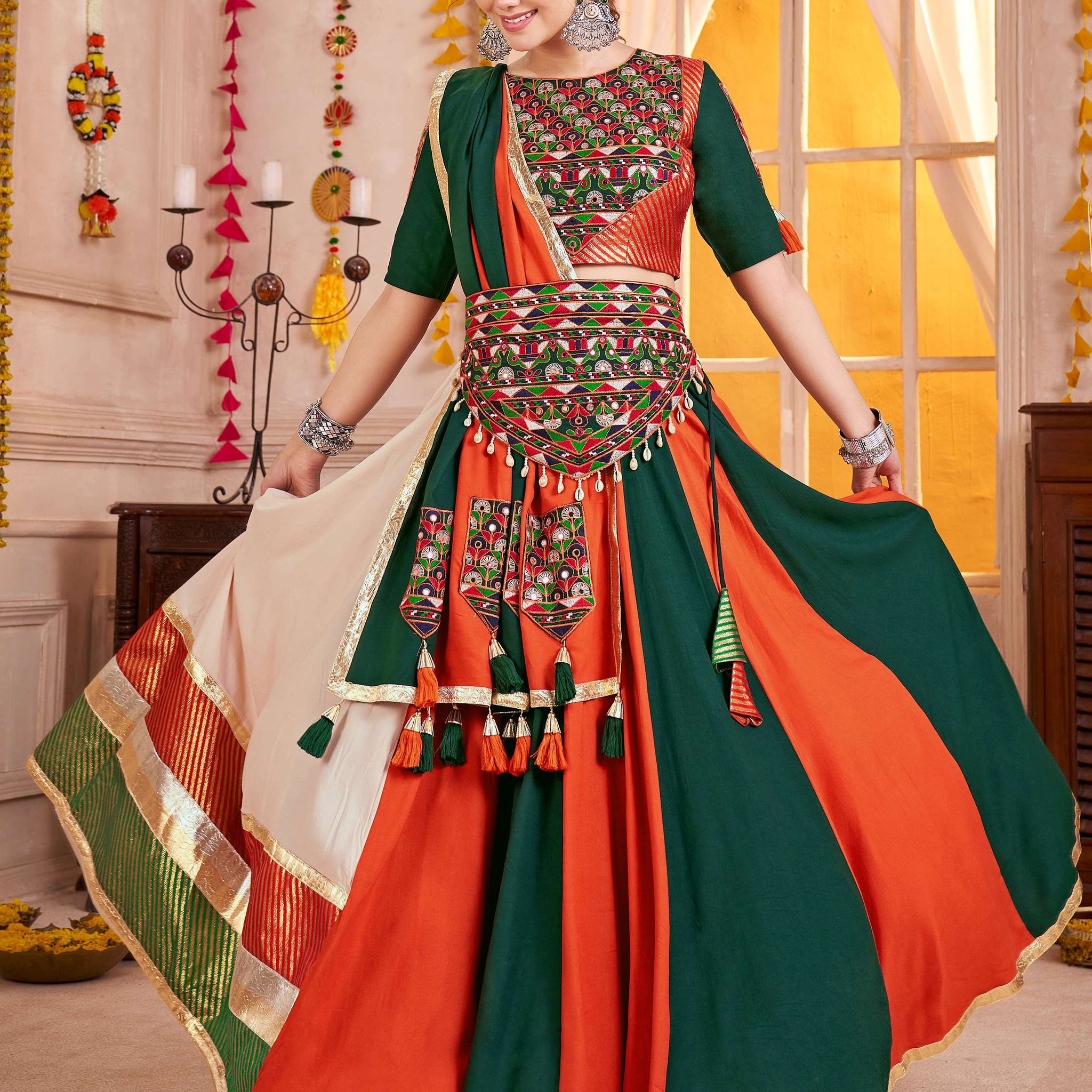 Super Multi-Color Cotton Navratri Special Lehenga With Kutchi Patch Work Blouse