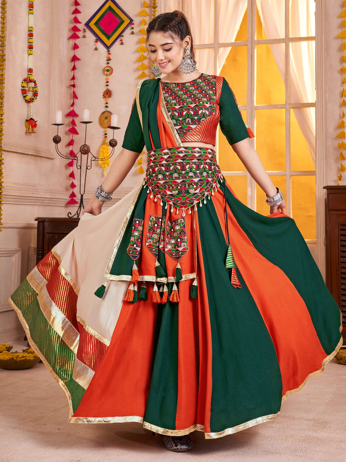 Super Multi-Color Cotton Navratri Special Lehenga With Kutchi Patch Work Blouse