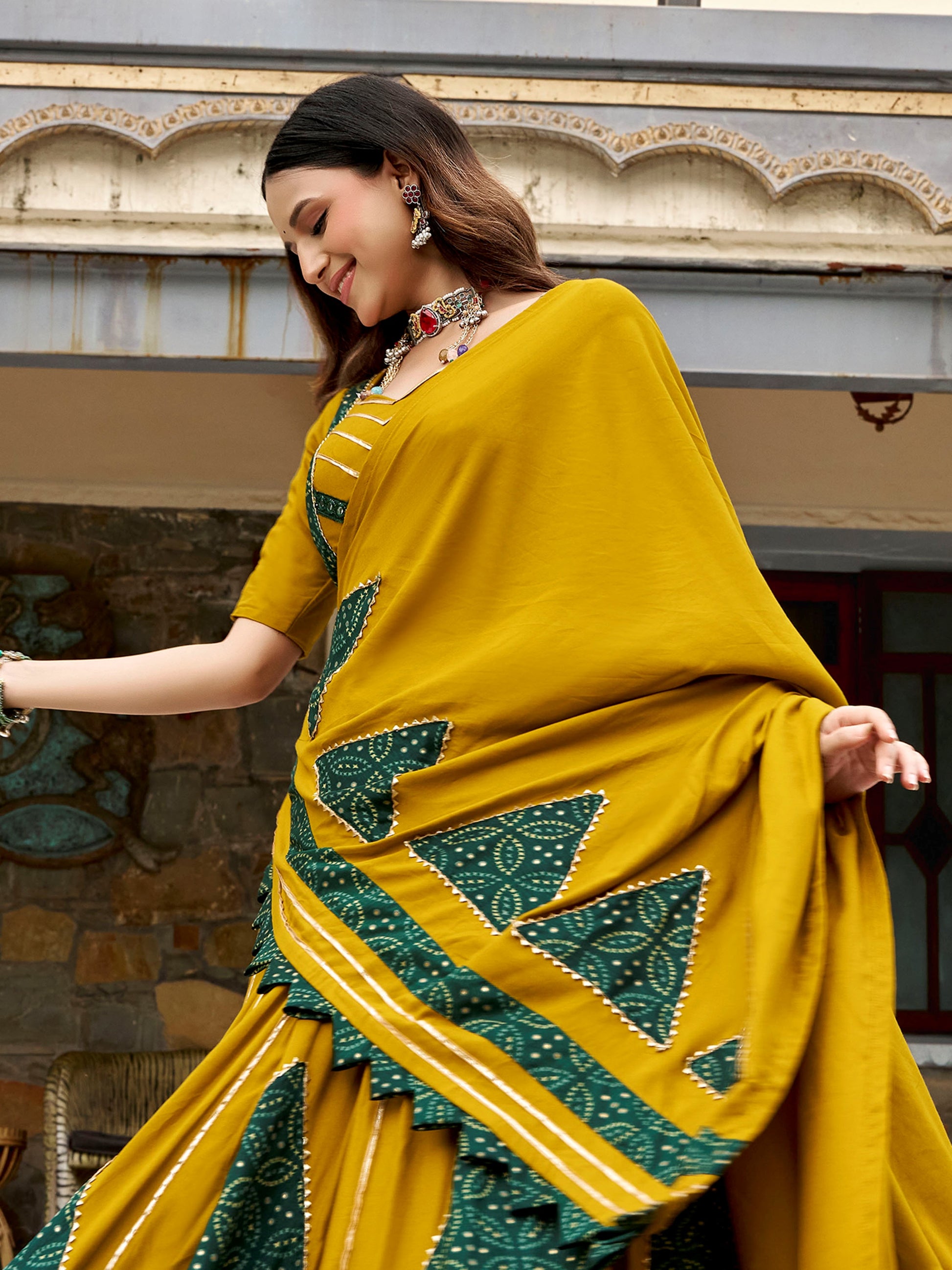 Amazing Mustard Yellow Printed Rayon Navratri Wear Lehenga Choli Set