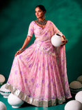 Charming Pink Floral Printed Silk Festival Wear Lehenga Choli