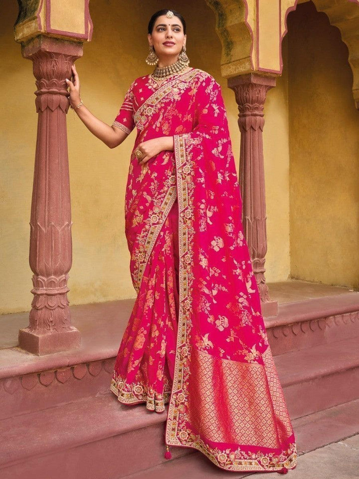 Enchanting Dark Pink Embroidered Work Pure Dola Silk Traditional Saree