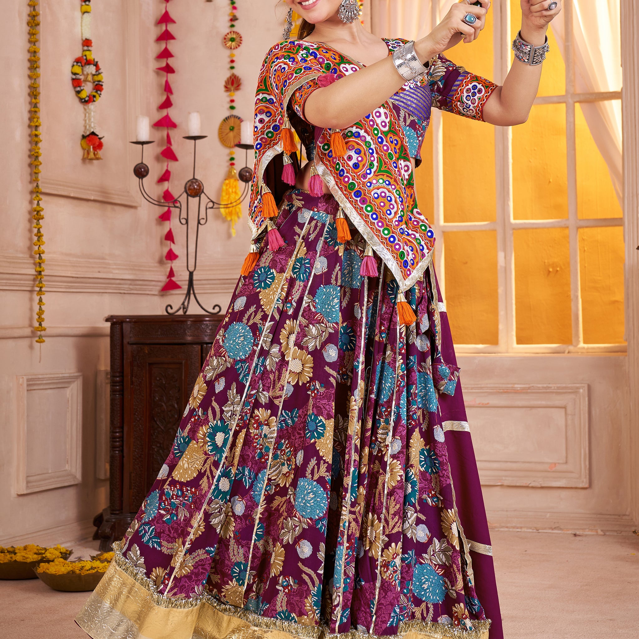 Attractive Purple Digital Print Cotton Navratri Special Lehenga With Blouse