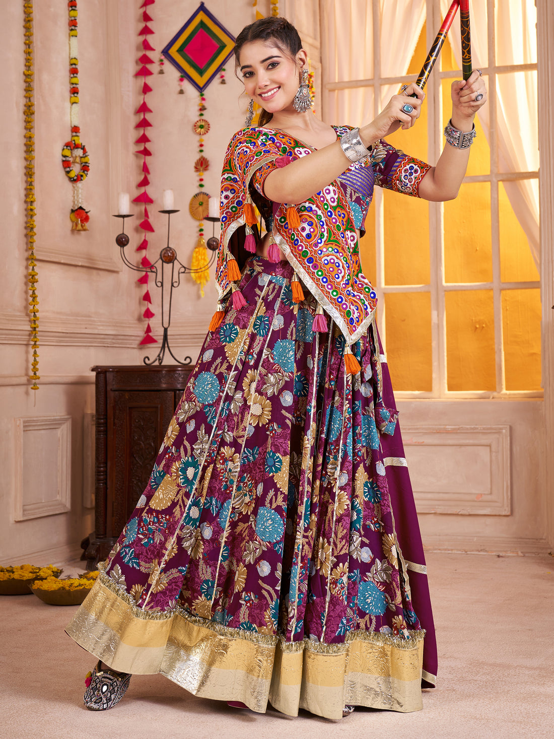 Attractive Purple Digital Print Cotton Navratri Special Lehenga With Blouse