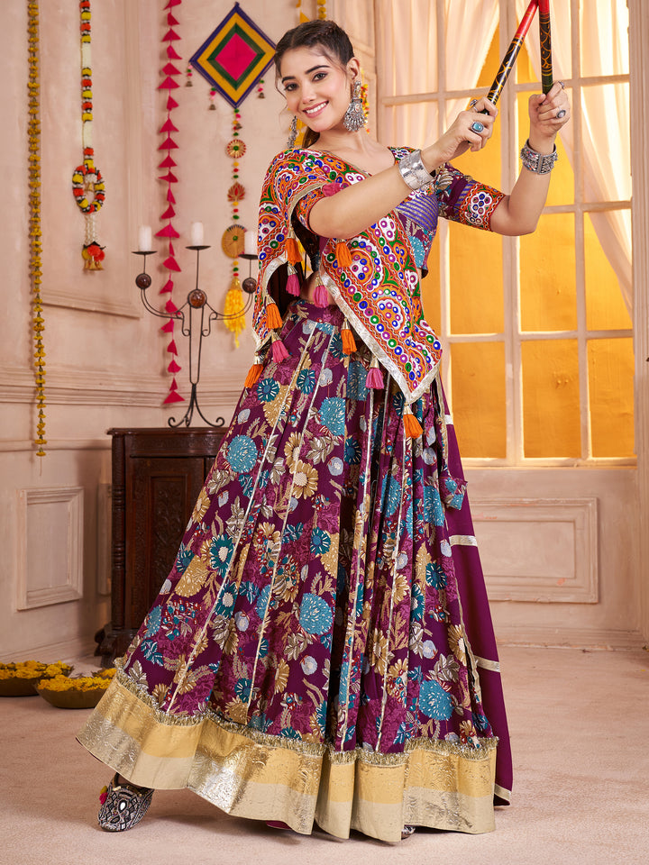 Attractive Purple Digital Print Cotton Navratri Special Lehenga With Blouse