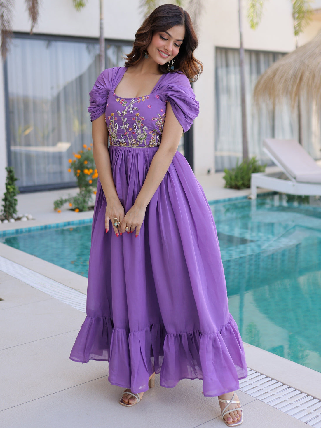 Fantastic Purple Beads Work Chanderi Party Wear Gown