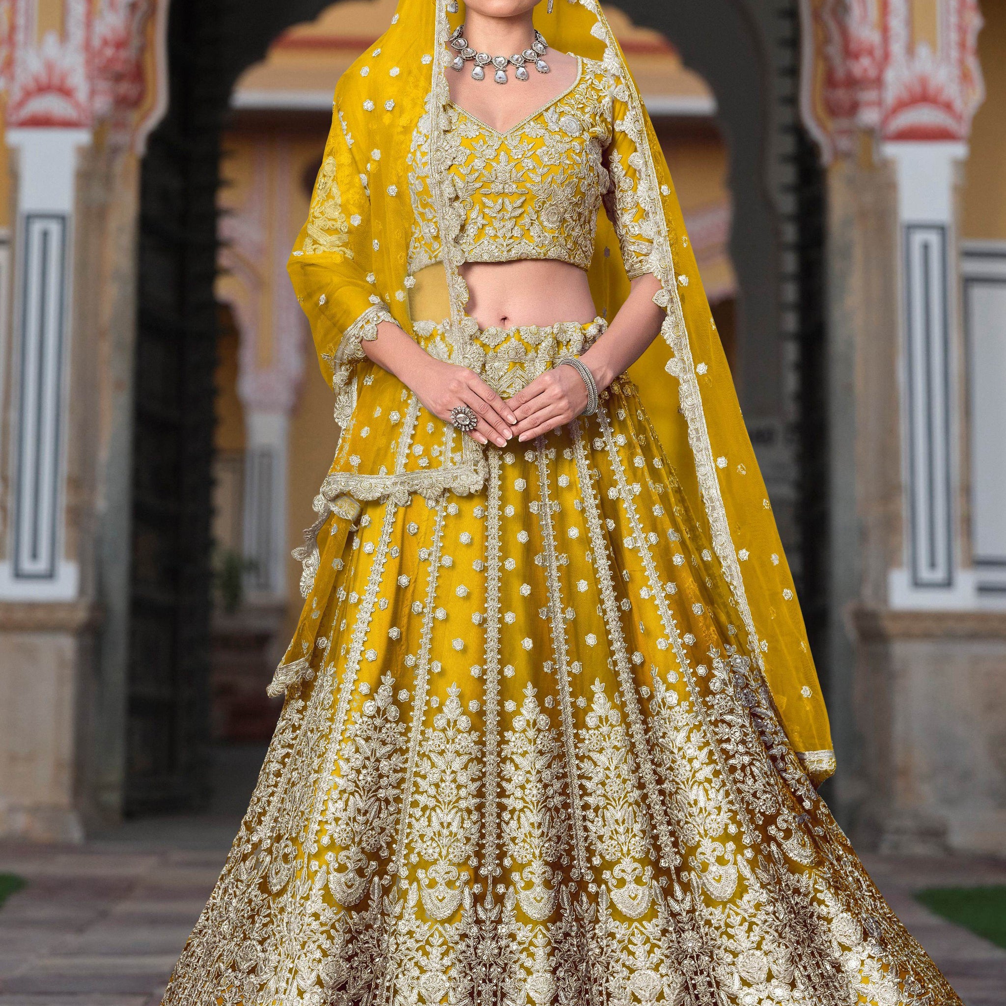 Awesome Yellow Embroidered Net Haldi Wear Lehenga Choli With Dupatta