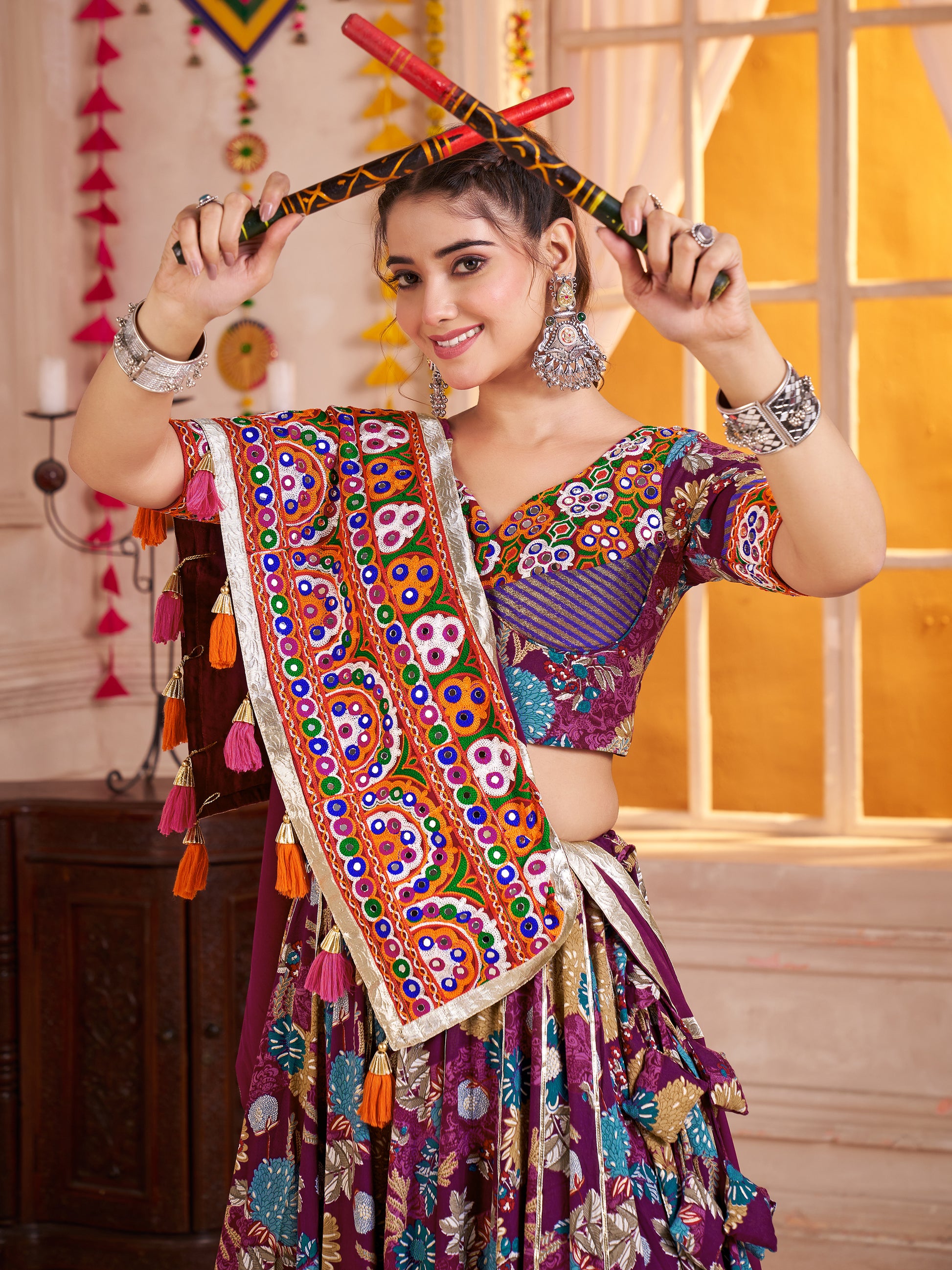 Attractive Purple Digital Print Cotton Navratri Special Lehenga With Blouse
