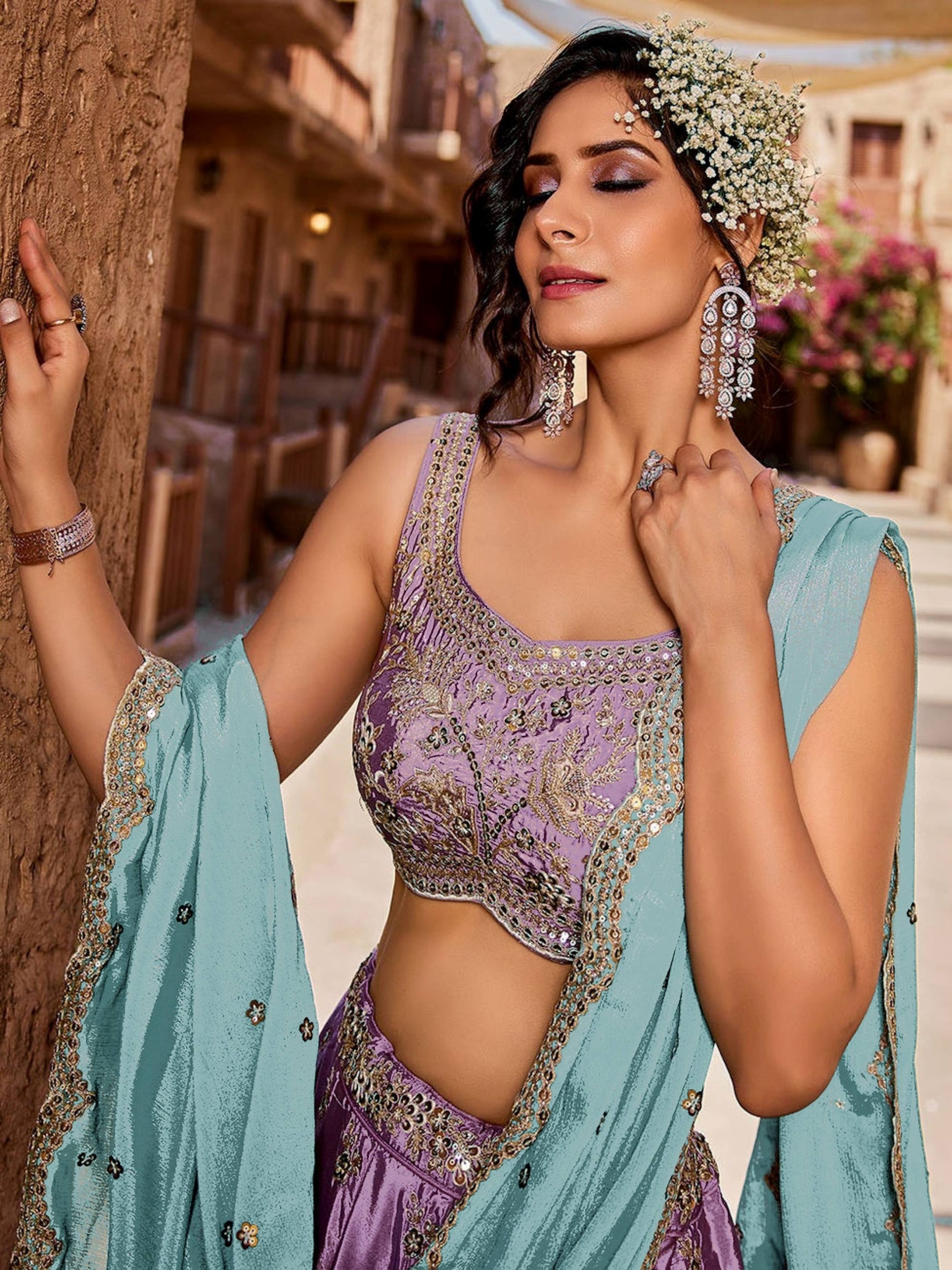 Great Lavender Embroidered Silk Wedding Wear Lehenga Choli With Dupatta 