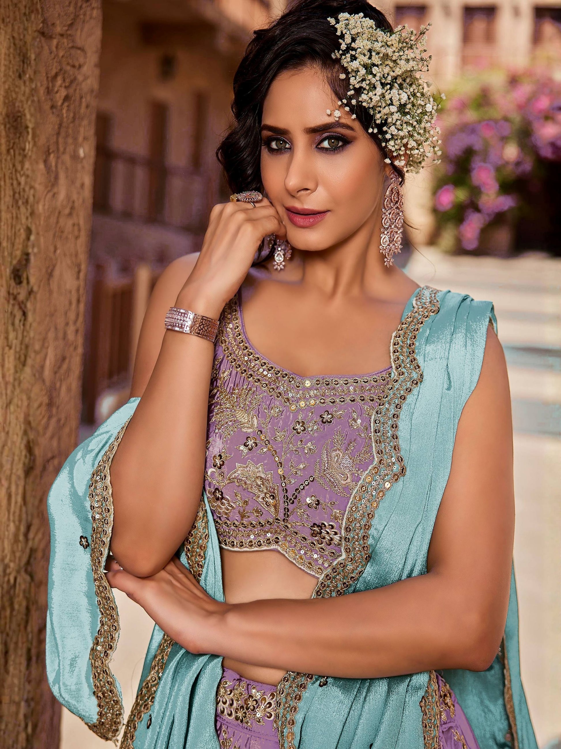 Great Lavender Embroidered Silk Wedding Wear Lehenga Choli With Dupatta 