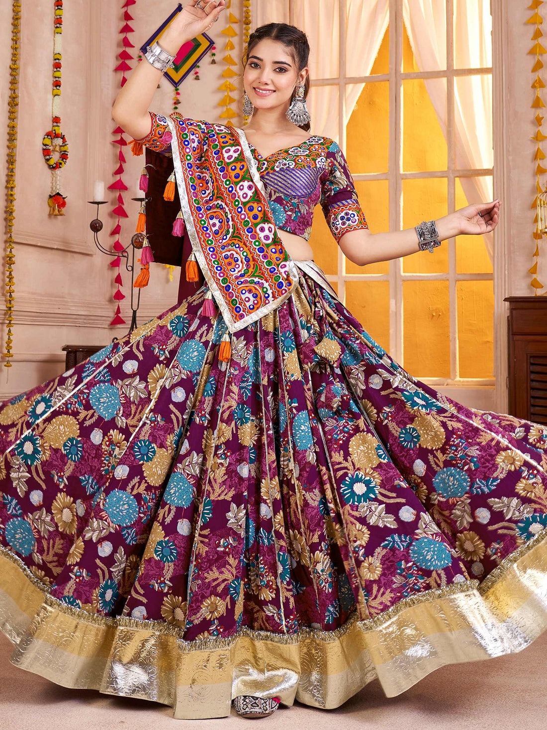 Attractive Purple Digital Print Cotton Navratri Special Lehenga With Blouse