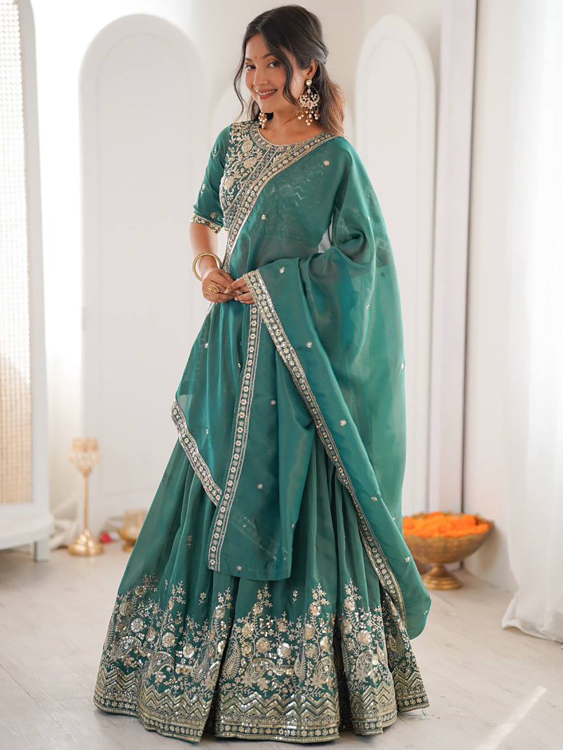 Enchanting Sea Green Sequins Silk Wedding Lehenga Choli With Dupatta