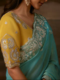 Exquisite Aqua Blue Aari Work Organza Wedding Wear Saree With Blouse