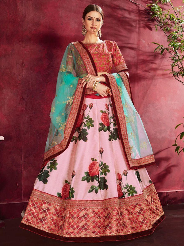 Rose-Pink Floral Print Banglori Silk Wedding Wear Lehenga Choli