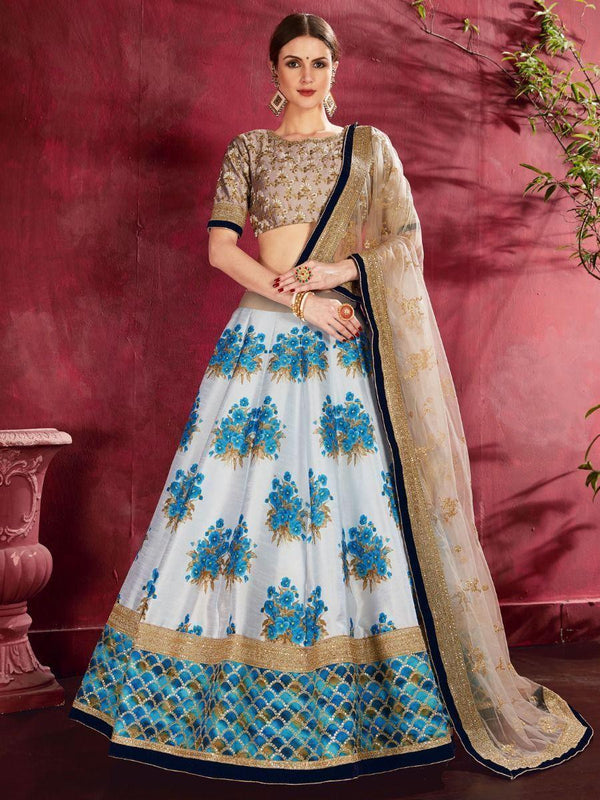 Blue & White Floral Print Banglori Silk Wedding Wear Lehenga Choli