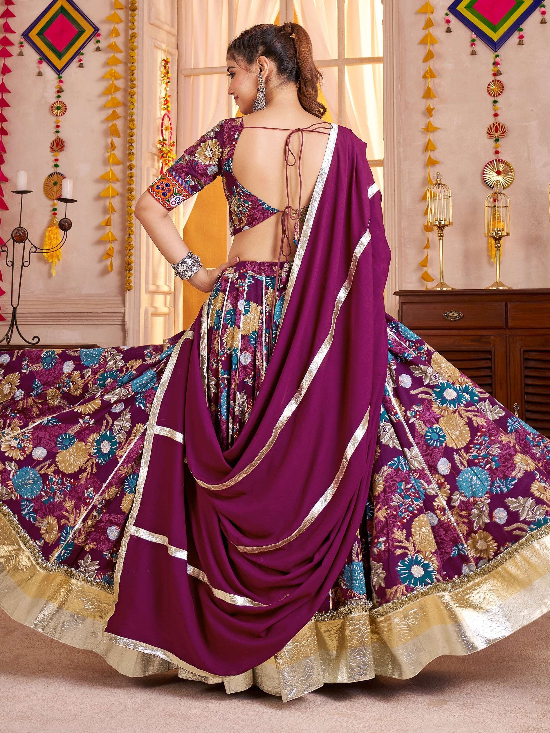 Attractive Purple Digital Print Cotton Navratri Special Lehenga With Blouse