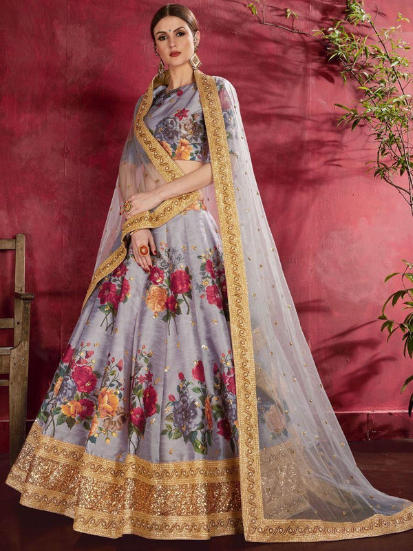 Grey Floral Print Banglori Silk Wedding Wear Lehenga Choli