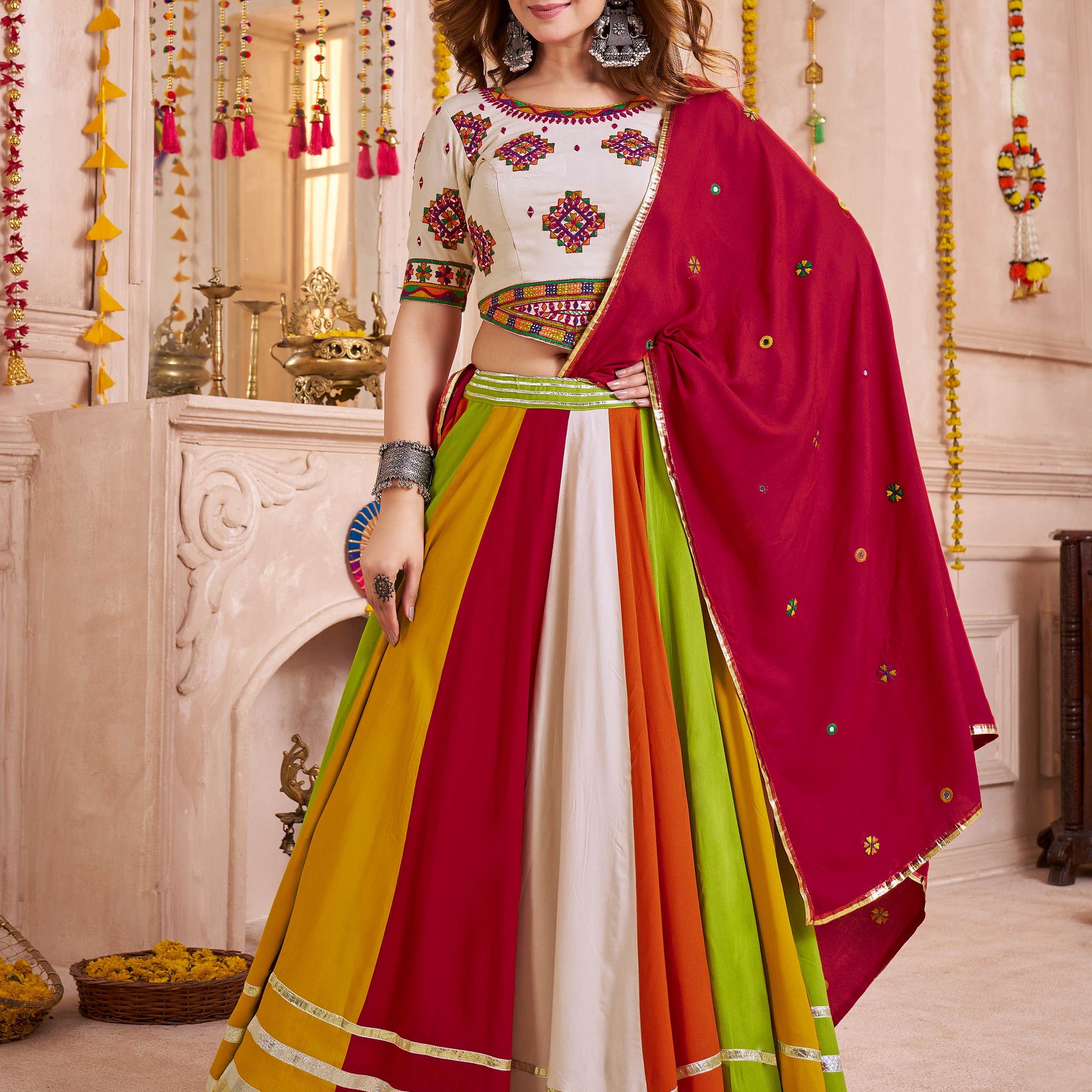 Desirable Multi-Color Cotton Lace Work Navratri Special Lehenga Choli With Dupatta