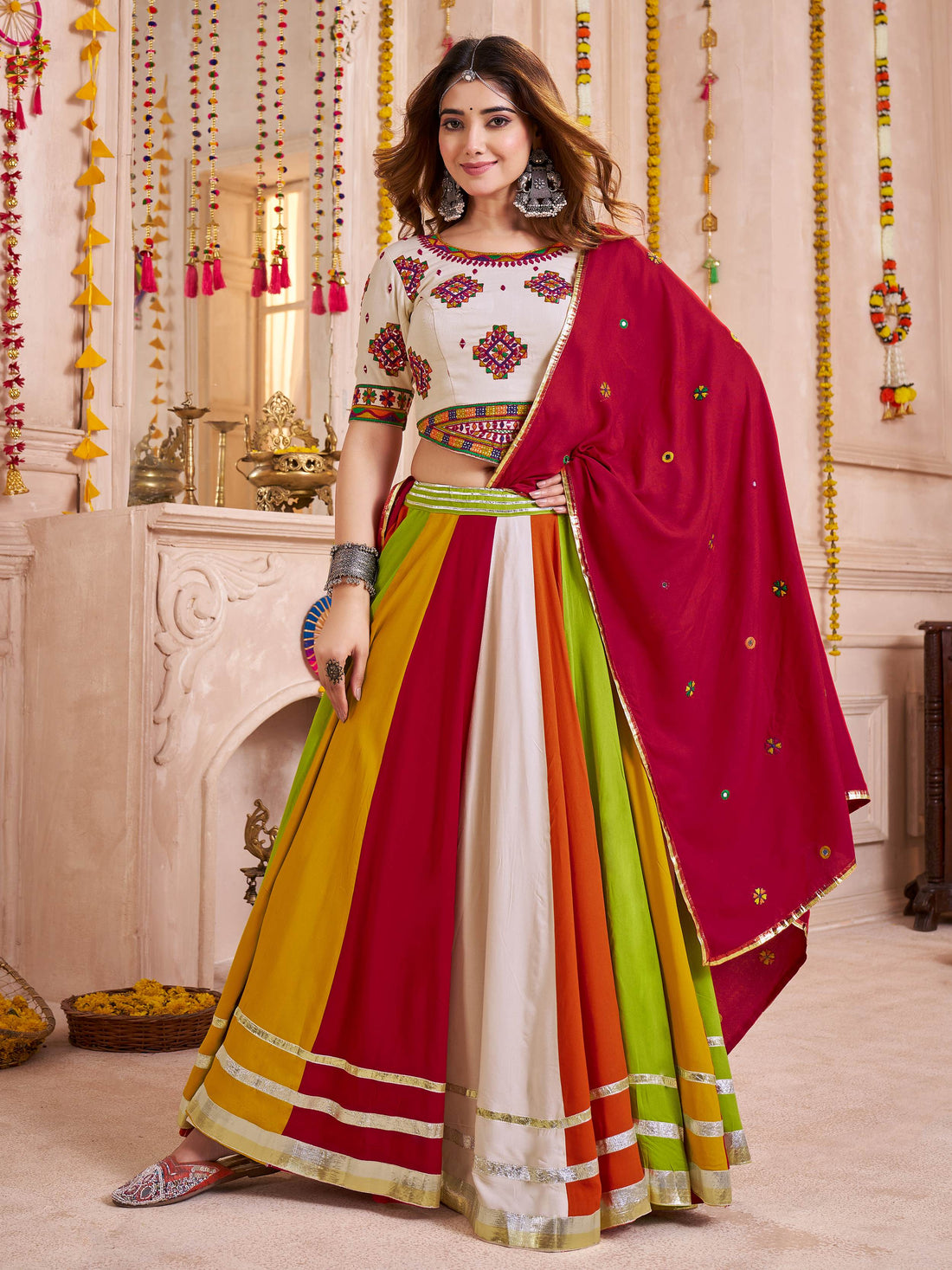 Desirable Multi-Color Cotton Lace Work Navratri Special Lehenga Choli With Dupatta