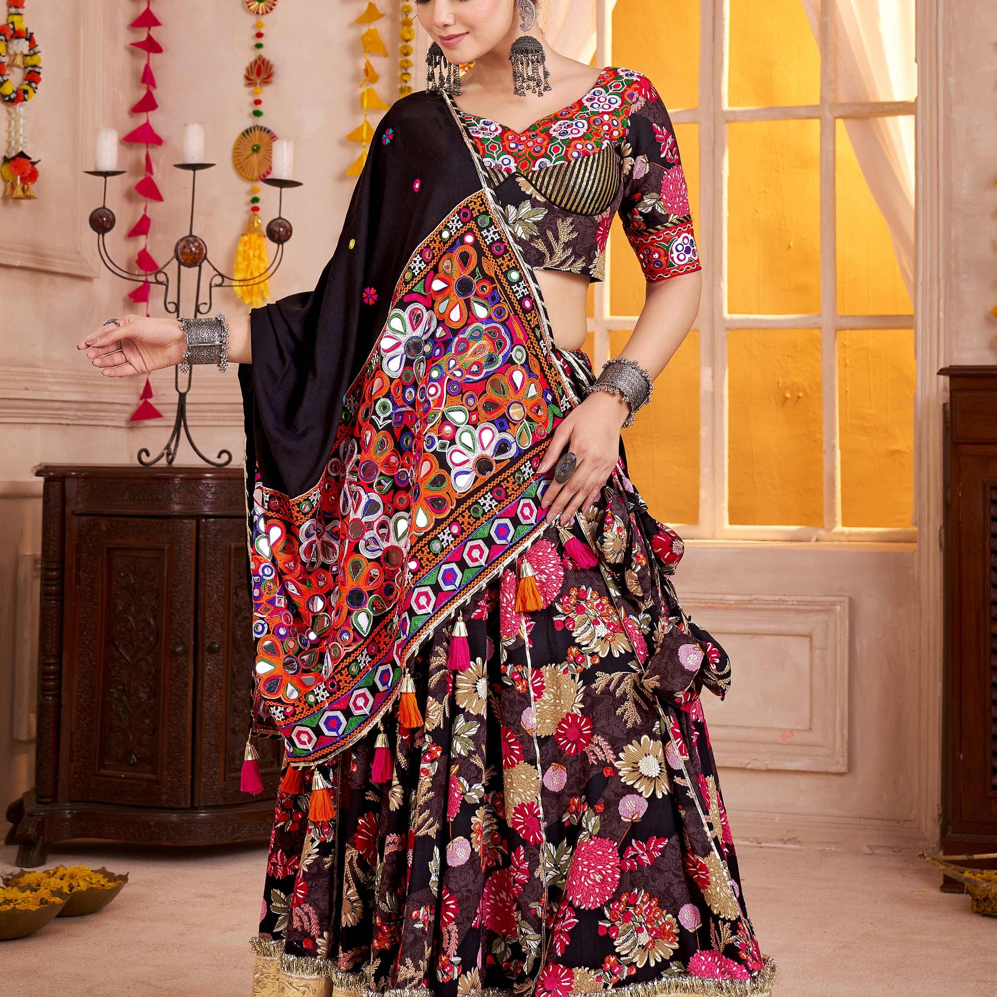 Splendid Black Floral Print Cotton Navratri Special Lehenga Choli With Dupatta