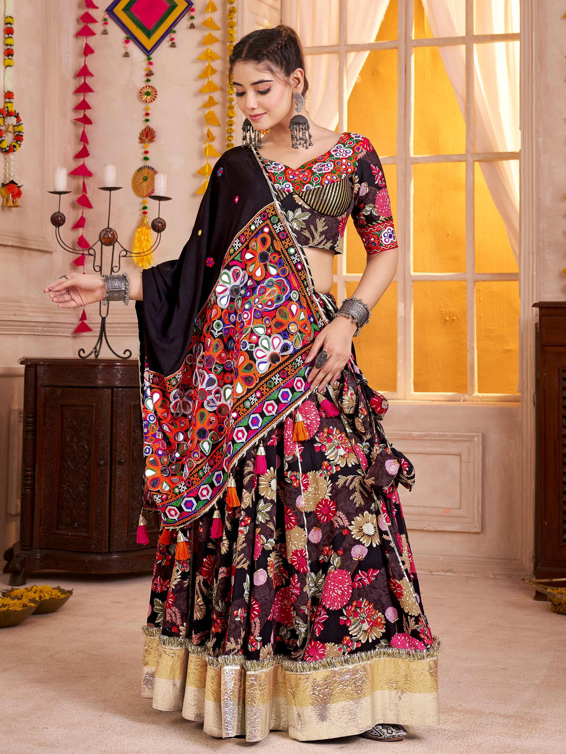 Splendid Black Floral Print Cotton Navratri Special Lehenga Choli With Dupatta