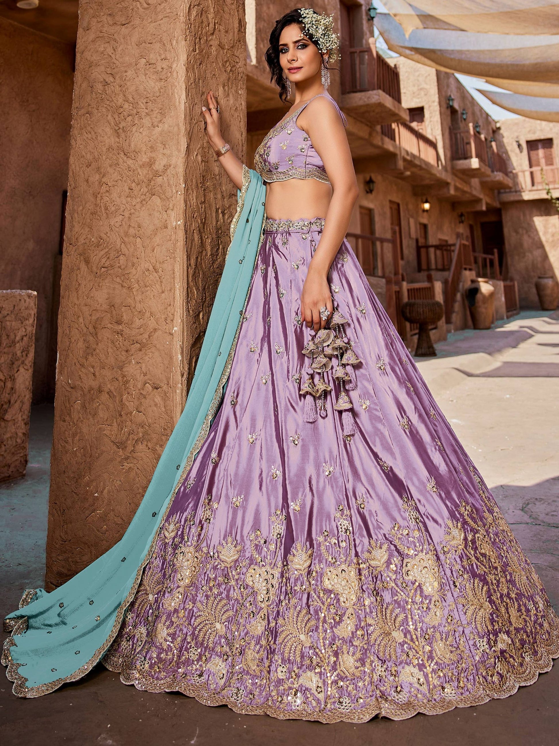 Great Lavender Embroidered Silk Wedding Wear Lehenga Choli With Dupatta 