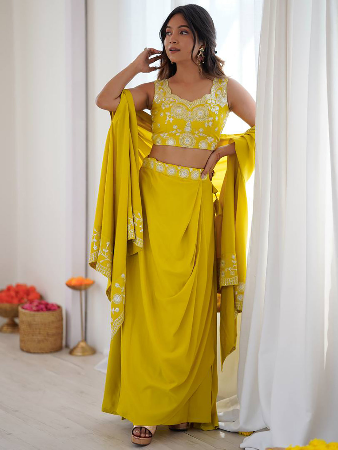 Rich Yellow Sequins Crepe Indo-Western Drape Lehenga Set With Shrug