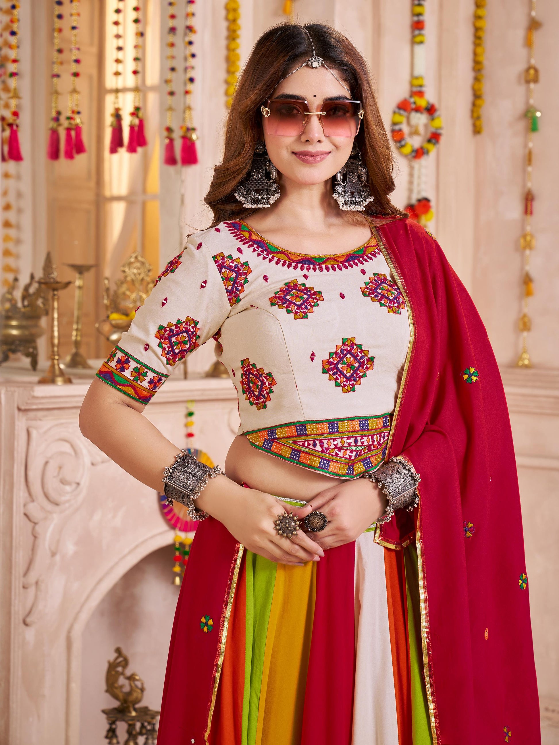 Desirable Multi-Color Cotton Lace Work Navratri Special Lehenga Choli With Dupatta