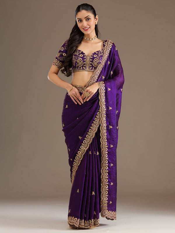 Elegant Purple Thread Work Tissue Wedding Wear Saree With Blouse