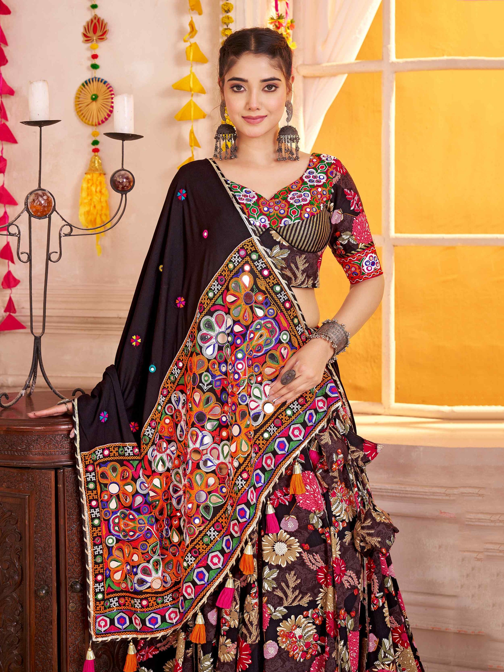 Splendid Black Floral Print Cotton Navratri Special Lehenga Choli With Dupatta