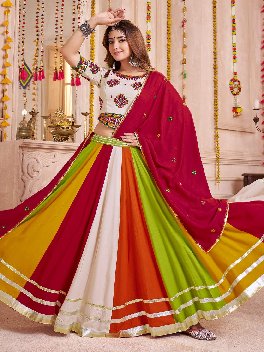 Desirable Multi-Color Cotton Lace Work Navratri Special Lehenga Choli With Dupatta