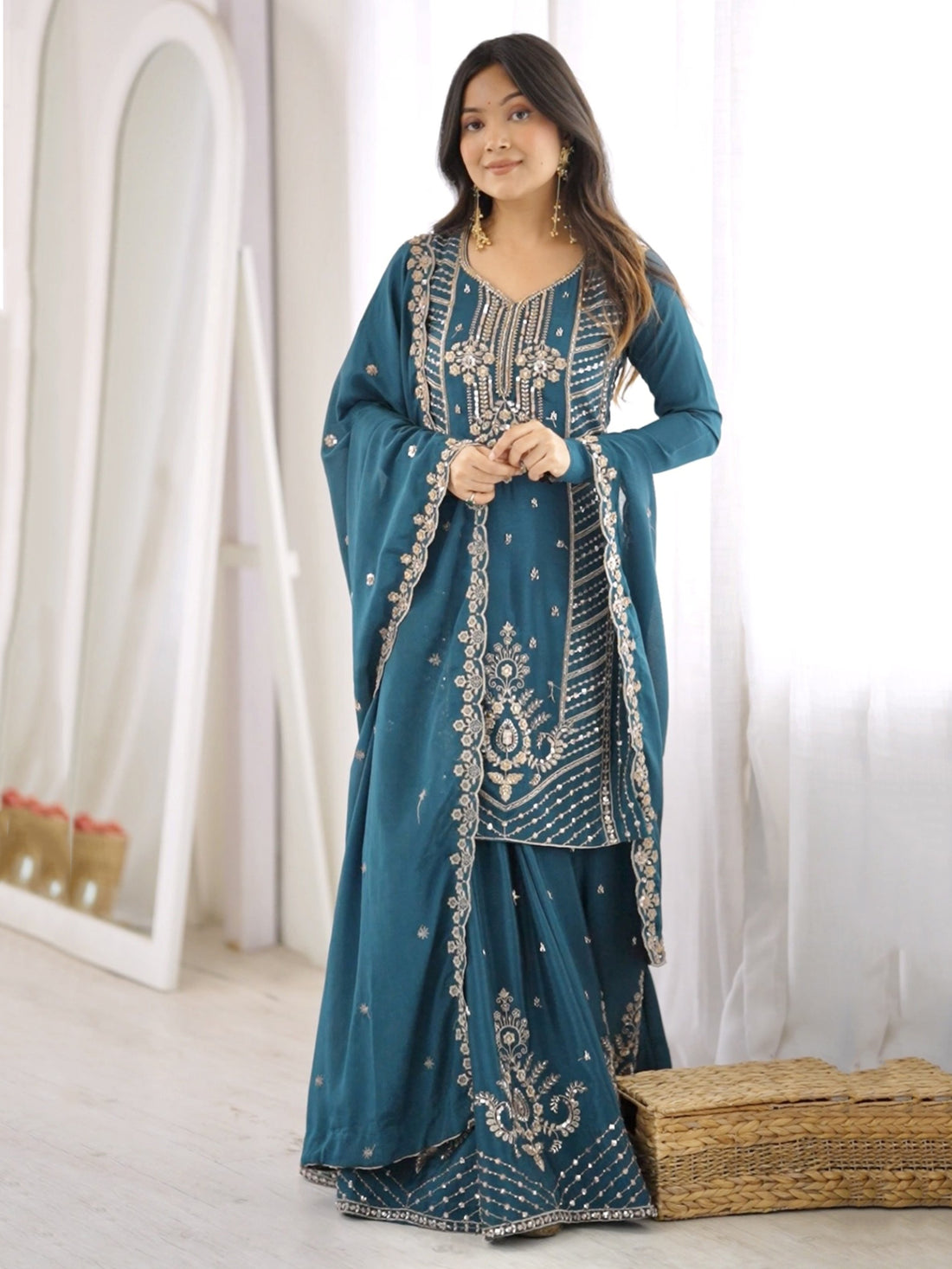 Beautiful Teal Blue Beads Work Silk Festive Wear Palazzo Suit