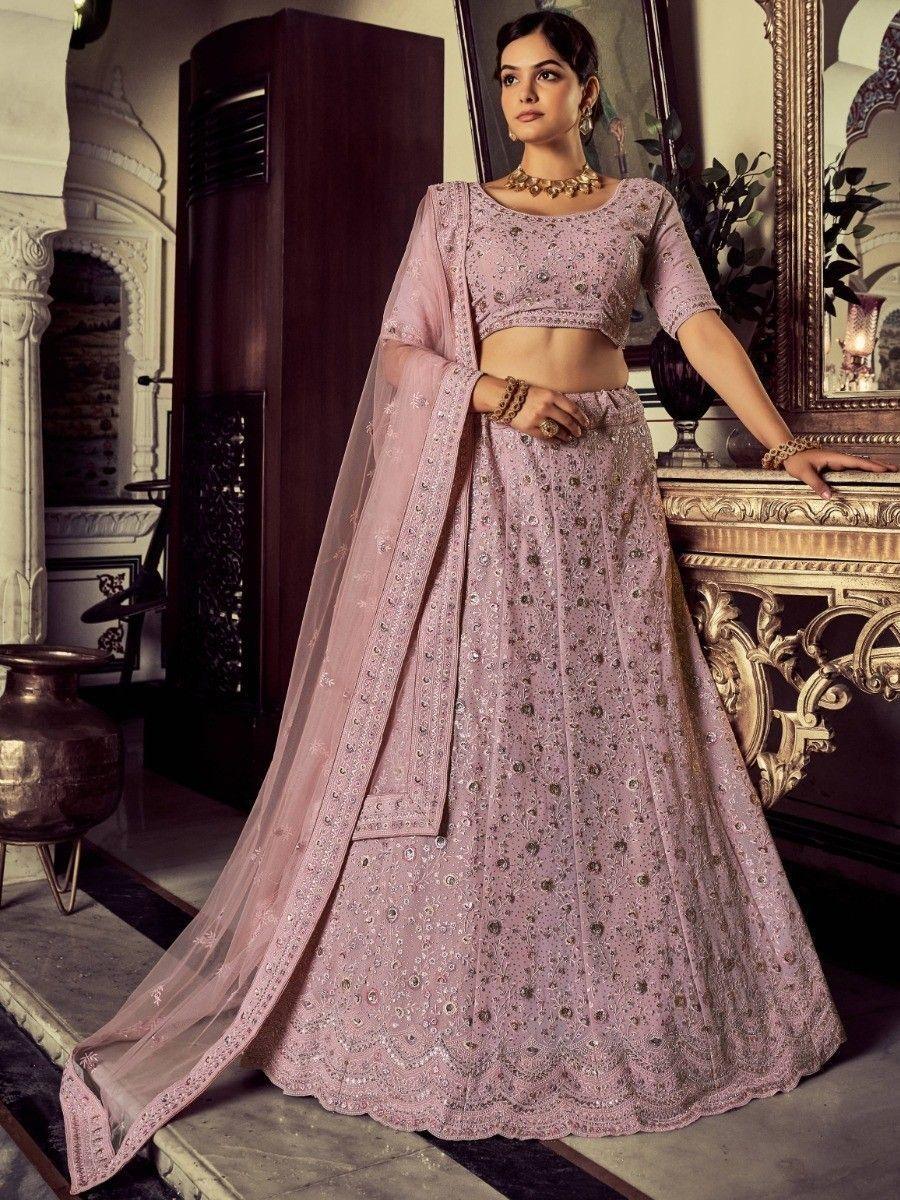 Mesmerizing Mauve Embroidered Georgette Wedding Lehenga Choli