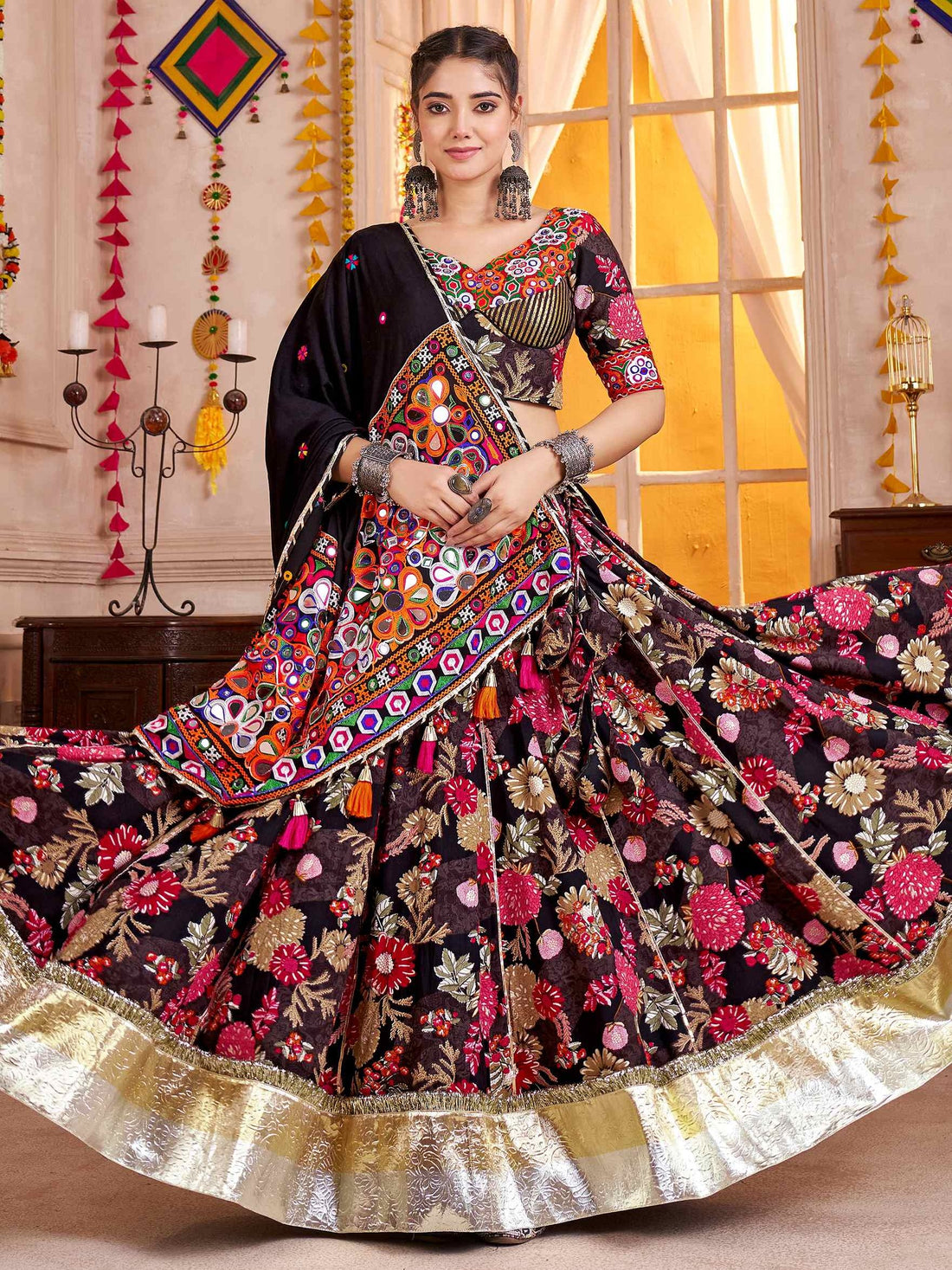 Splendid Black Floral Print Cotton Navratri Special Lehenga Choli With Dupatta