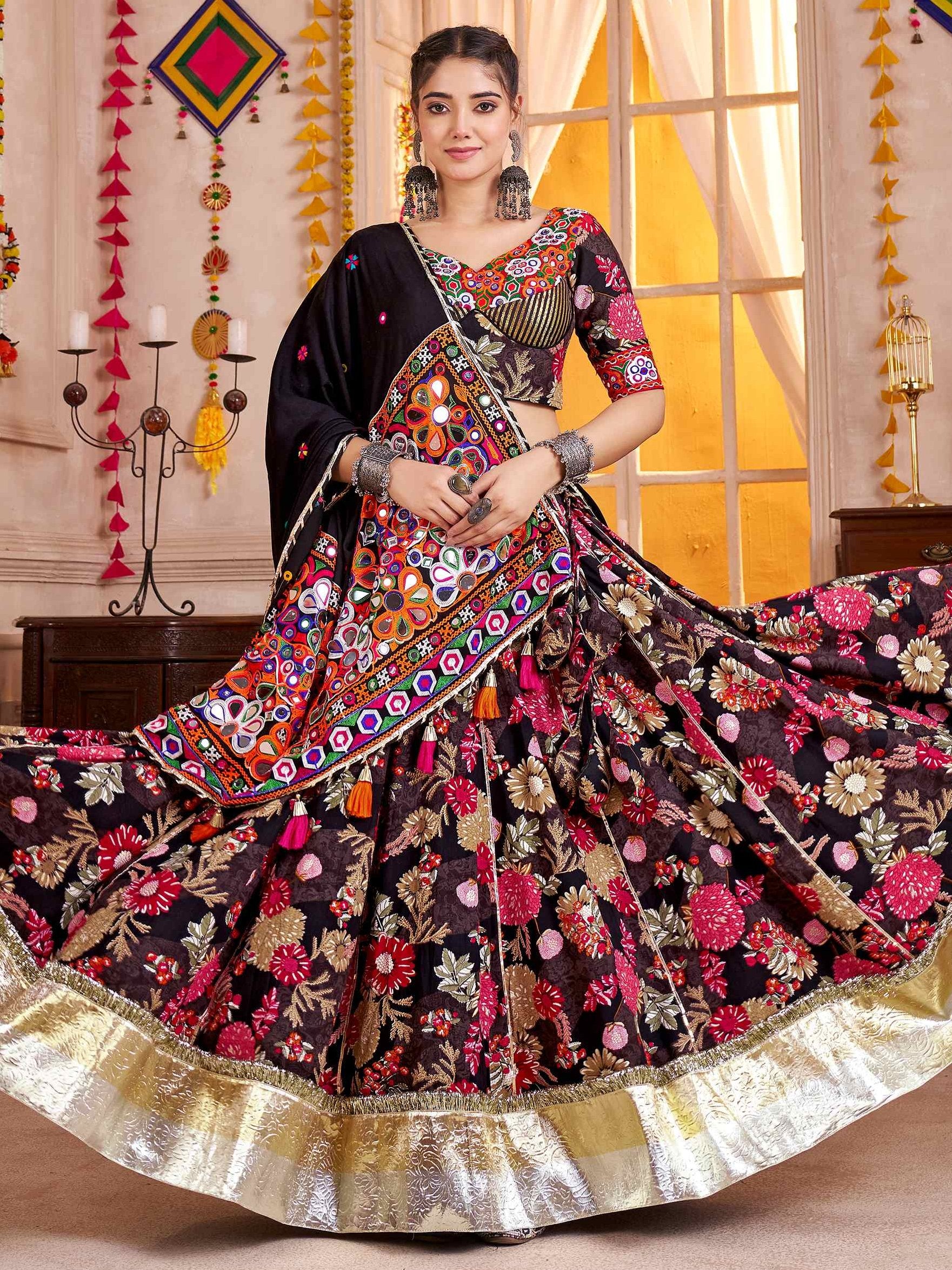 Splendid Black Floral Print Cotton Navratri Special Lehenga Choli With Dupatta