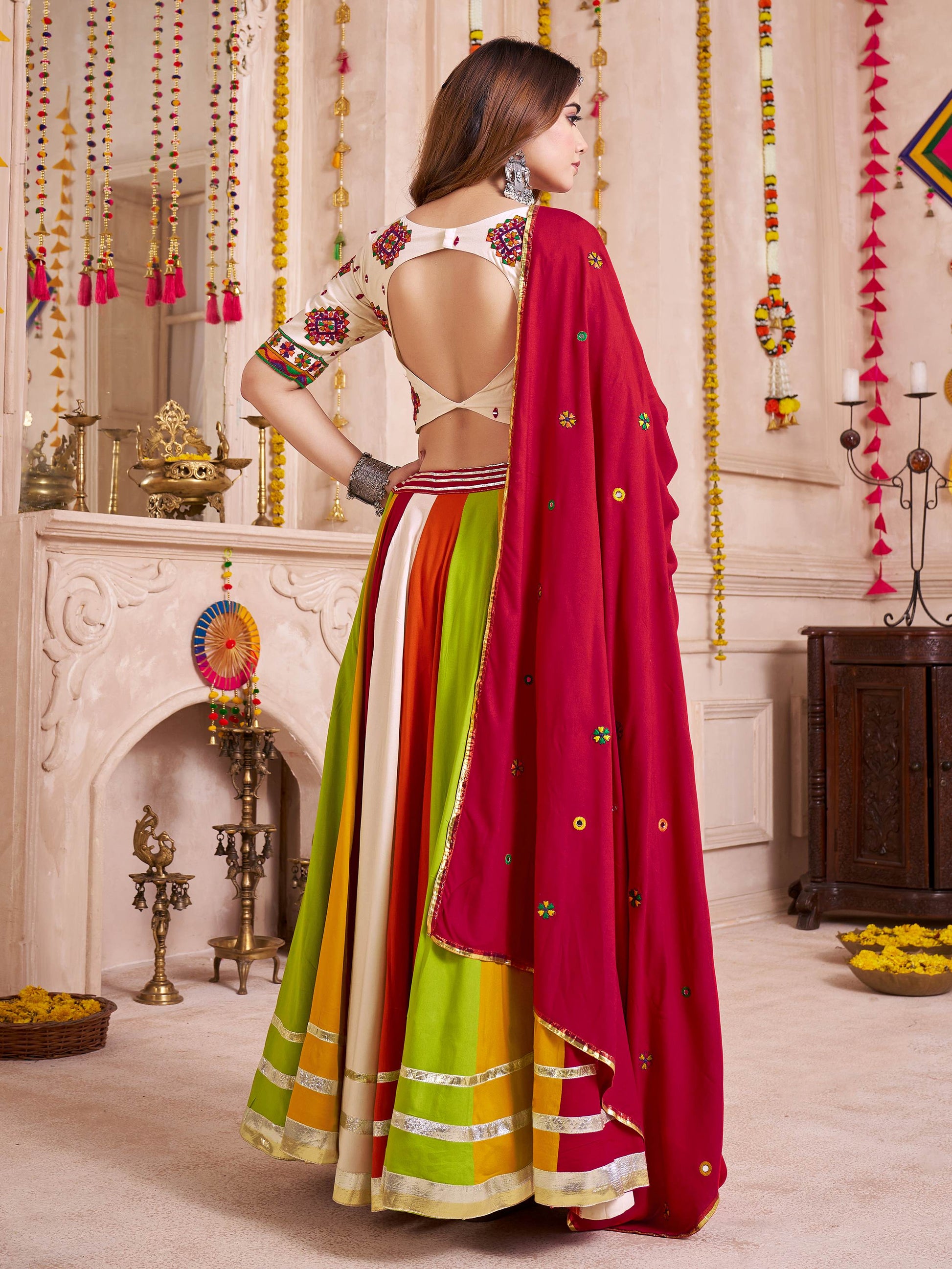 Desirable Multi-Color Cotton Lace Work Navratri Special Lehenga Choli With Dupatta