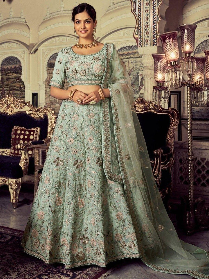 Precious Pista Green Embroidered Georgette Reception Lehenga Choli