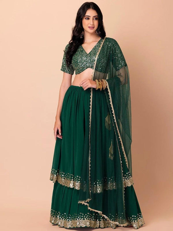 Fabulous Dark Green Sequins Georgette Party Wear Lehenga Choli